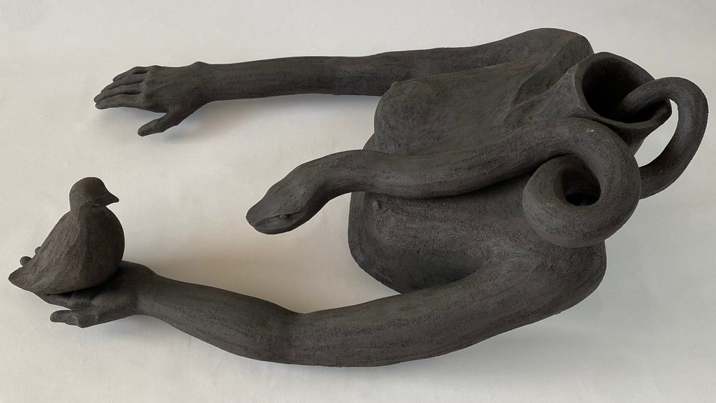 Figurative sculpture of a nude female torso with a snake and a dove, by Alexandra Ridel