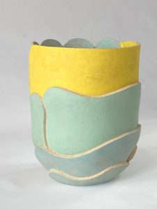 White, light green and lemon yellow stoneware organic vessel by Alexandra Ridel