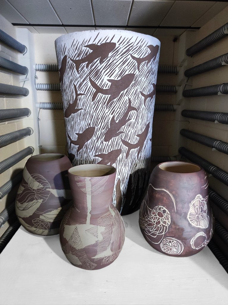 Ceramic kiln interior before firing, Alexandra Ridel's studio