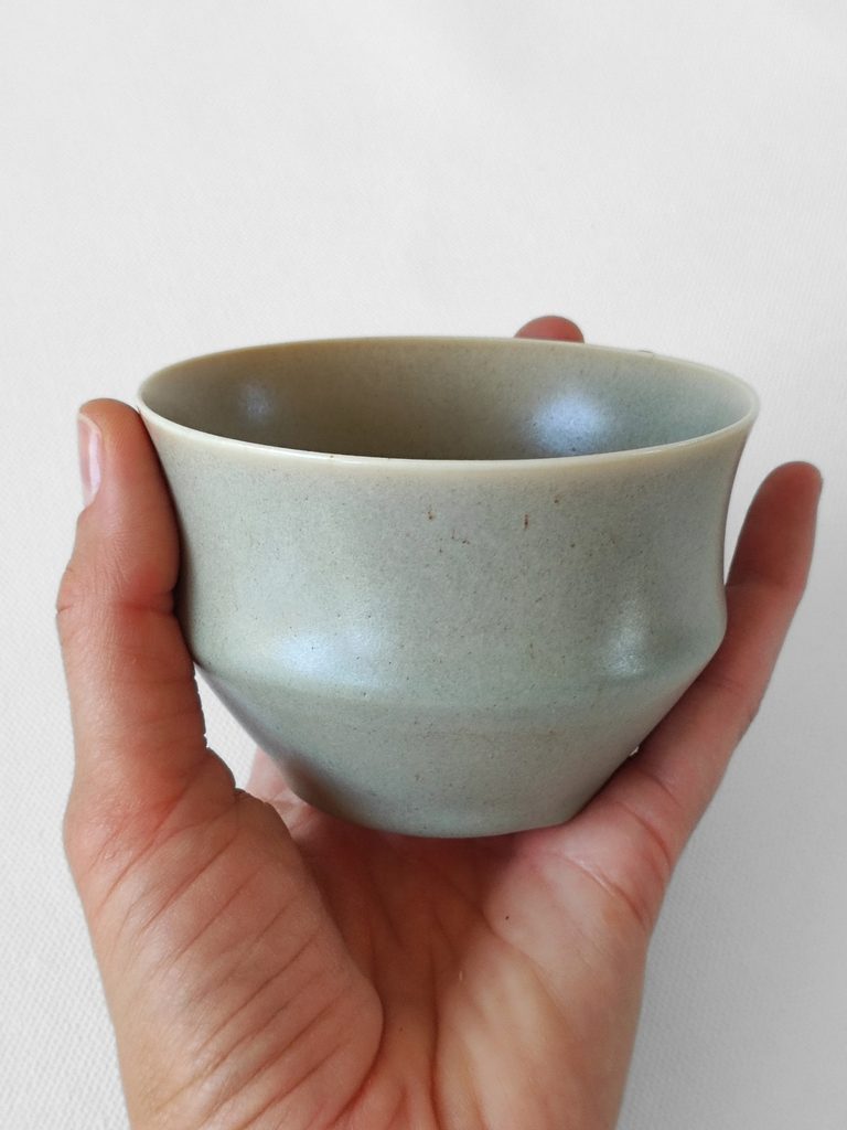 Porcelain cup with grey-green satin  glaze, by Alexandra Ridel