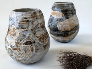 Collection of two stoneware vessels with graphic decoration, by Alexandra Ridel